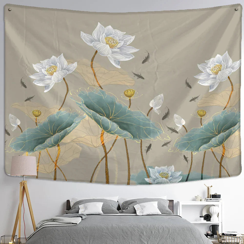 DecorBites™ Koi Lotus Ink Tapestry Wall Hanging - Bohemian Aesthetics Home Decor