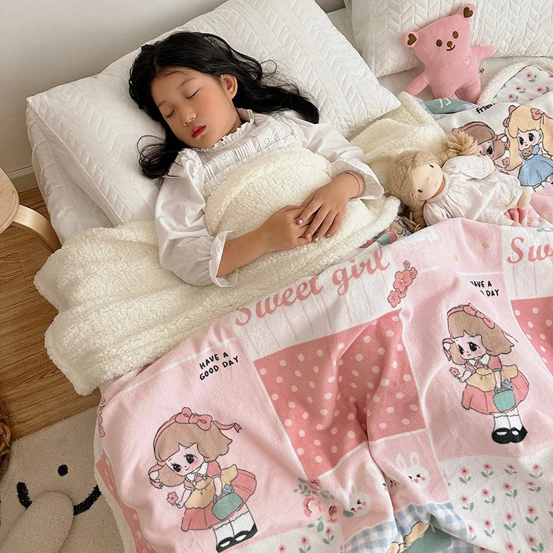 DecorBites™ Cartoon Lamb Wool Blanket: Double-Layered, Thick & Warm for Children & Adults