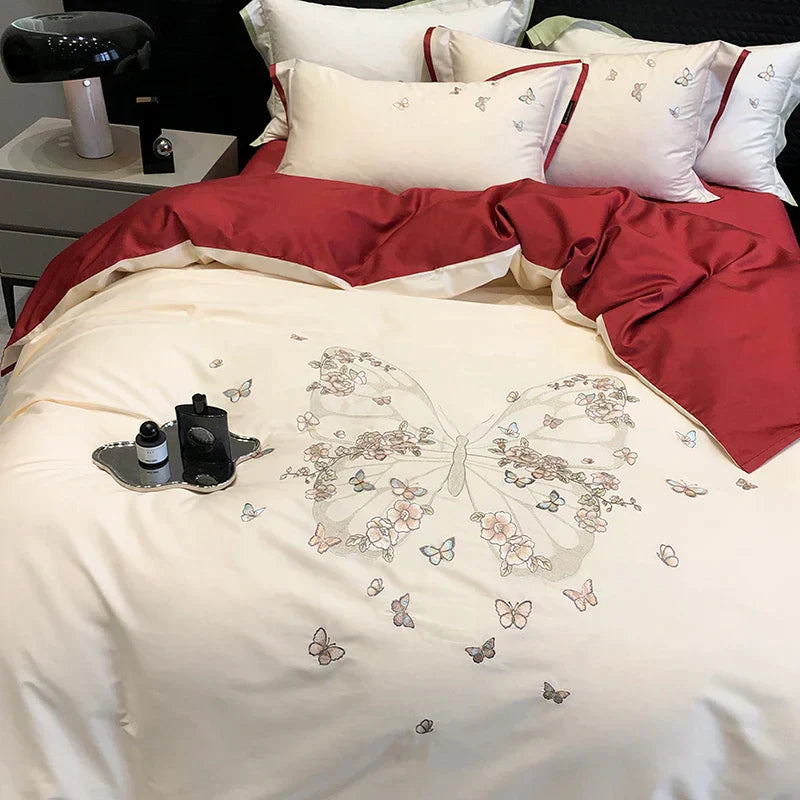 DecorBites™ Butterfly Flowers Embroidery Wedding Bedding Set 1000TC Egyptian Cotton Duvet Cover