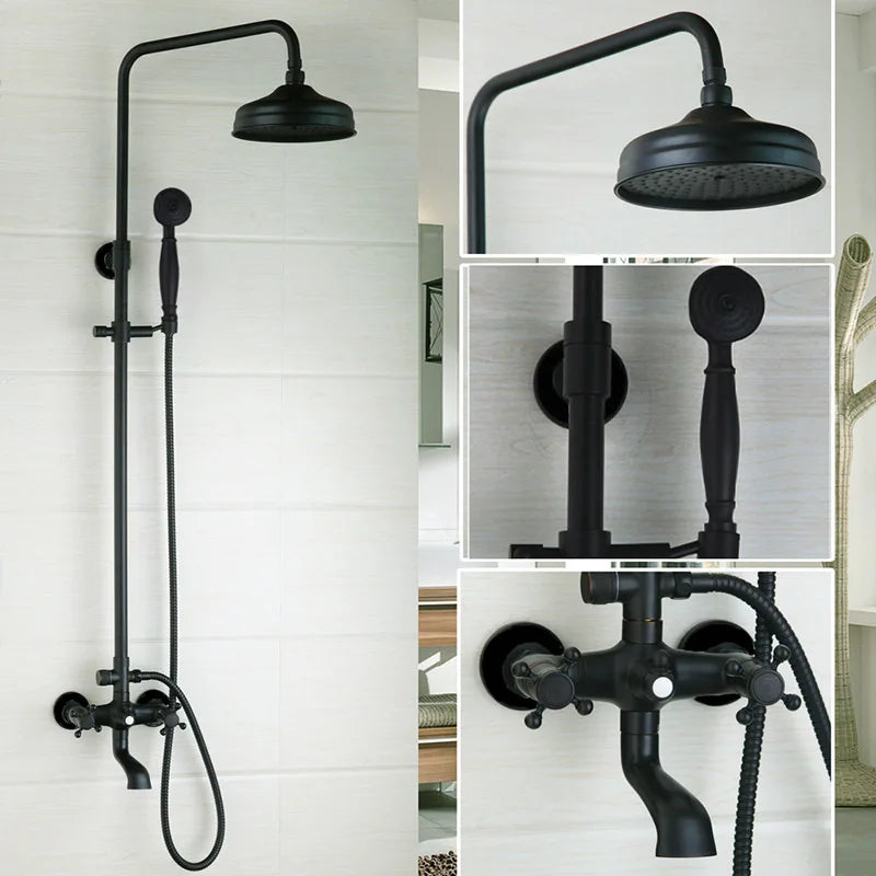DecorBites™ 8 Inch Matte Black Shower Faucet Set with Hand Spray and Rainfall Head