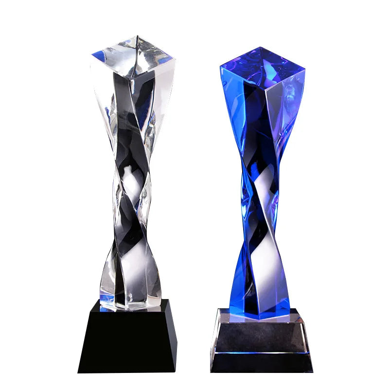 DecorBites™ Blue Glass Twisted Column Trophy - Customize Competition Prize