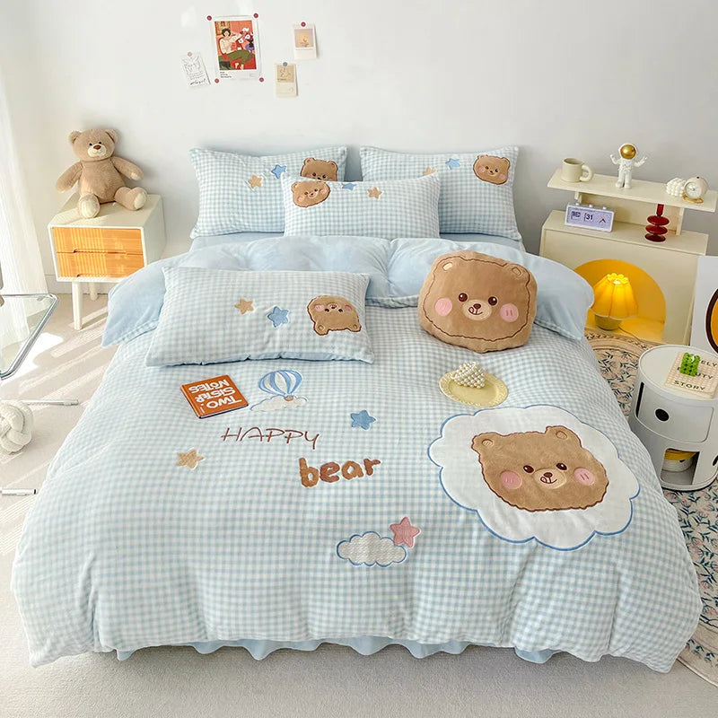 DecorBites™ Cartoon Rabbit Applique Embroidery Bedding Set with Velvet Fleece for Cozy Comfort