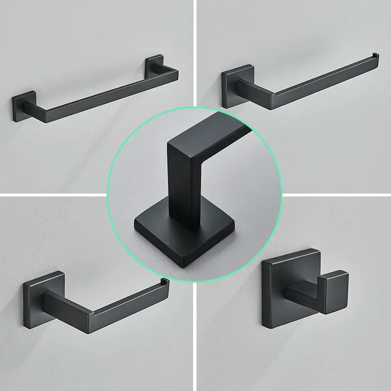 DecorBites™ Black Bathroom Hardware Set: Robe Hook, Towel Rail, Shelf, Tissue Holder