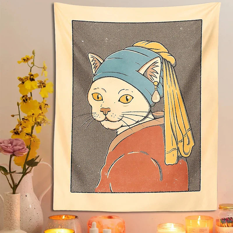 DecorBites™ Cat With Pearl Earring Metal Wall Hanging Tapestry Art