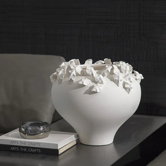 DecorBites™ Embossed Flower Vintage White Porcelain Vase - Home Decor Accent
