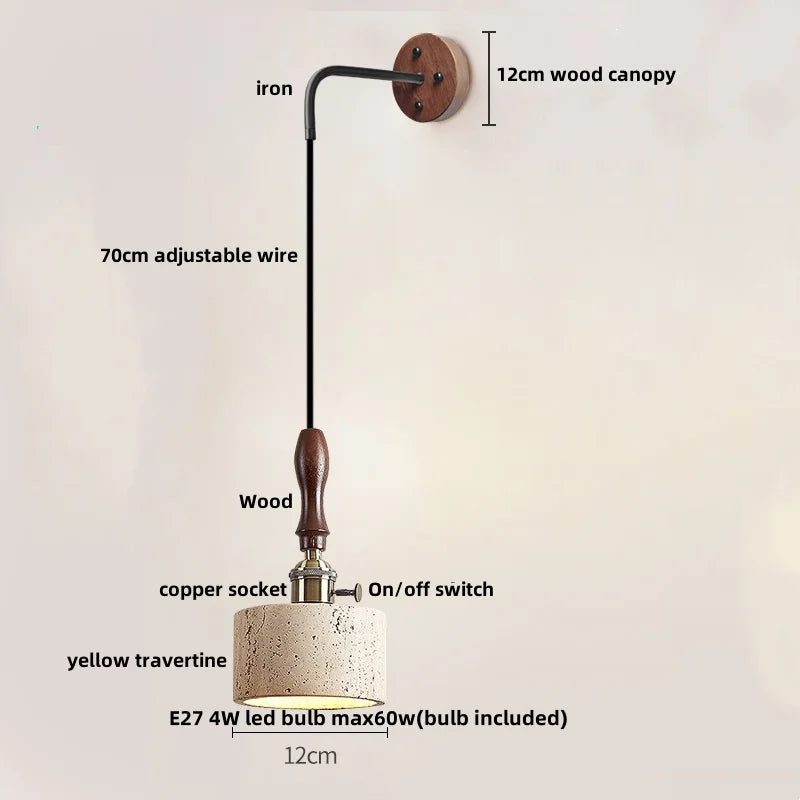 DecorBites™ LED Wall Light Fixture Yellow Travertine Stone Modern Bedside Lamp