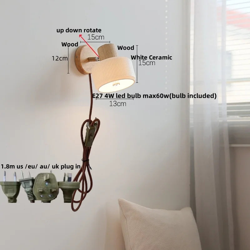 DecorBites™ Ceramic LED Wall Lights with Pull Chain Switch, Modern Wood Base Bedside Lamp