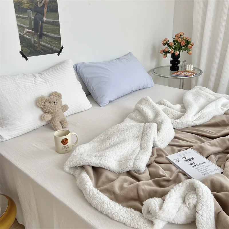 DecorBites™ Cozy Lamb Wool Blanket: High-Quality Warm Velvet Quilt for All Seasons.