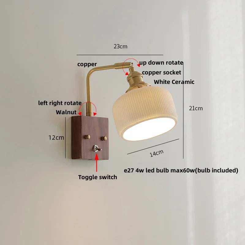 DecorBites™ Ceramic LED Wall Light Fixture White Copper Walnut Ash Bedside Lamp