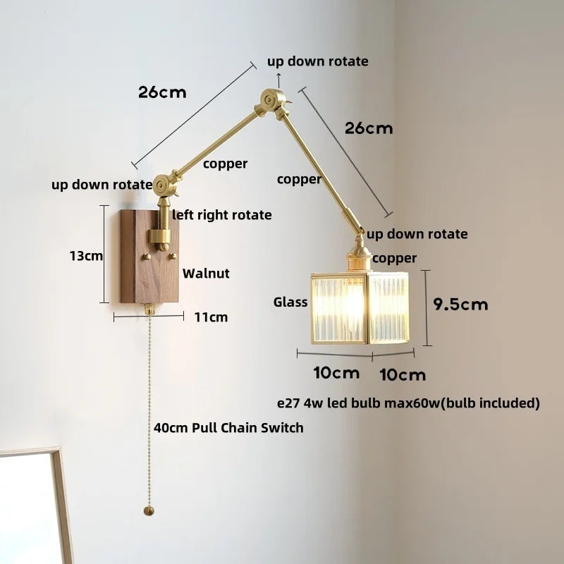 DecorBites™ Cube Glass LED Wall Sconce Walnut Wood Rotatable Mirror Light