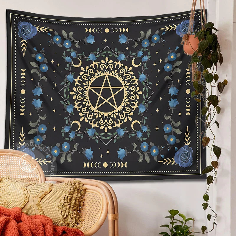 DecorBites™ Blue Rose Moon Floral Tapestry Wall Hanging Botanical Tarot Mat