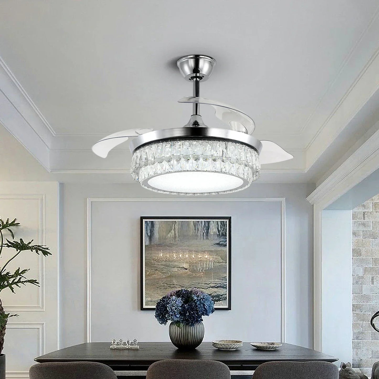DecorBites™ Crystal Fan Chandelier LED Light Retractable Blades Dimmable Remote Modern Home Decor