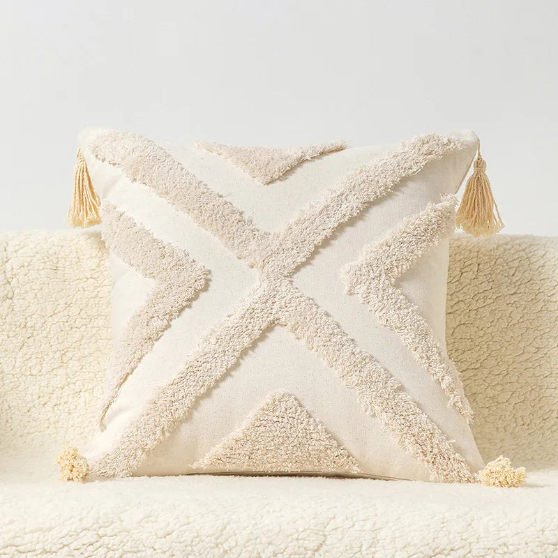 DecorBites™ Boho Square Pillowcase with Embroidery & Tassel Detail for Living Room Sofa