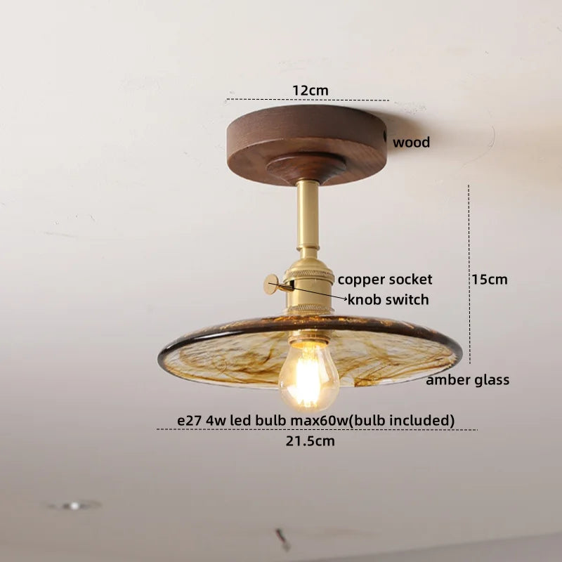 DecorBites™ Amber Glass LED Ceiling Light Modern Wood Canopy Kids Room Fixture