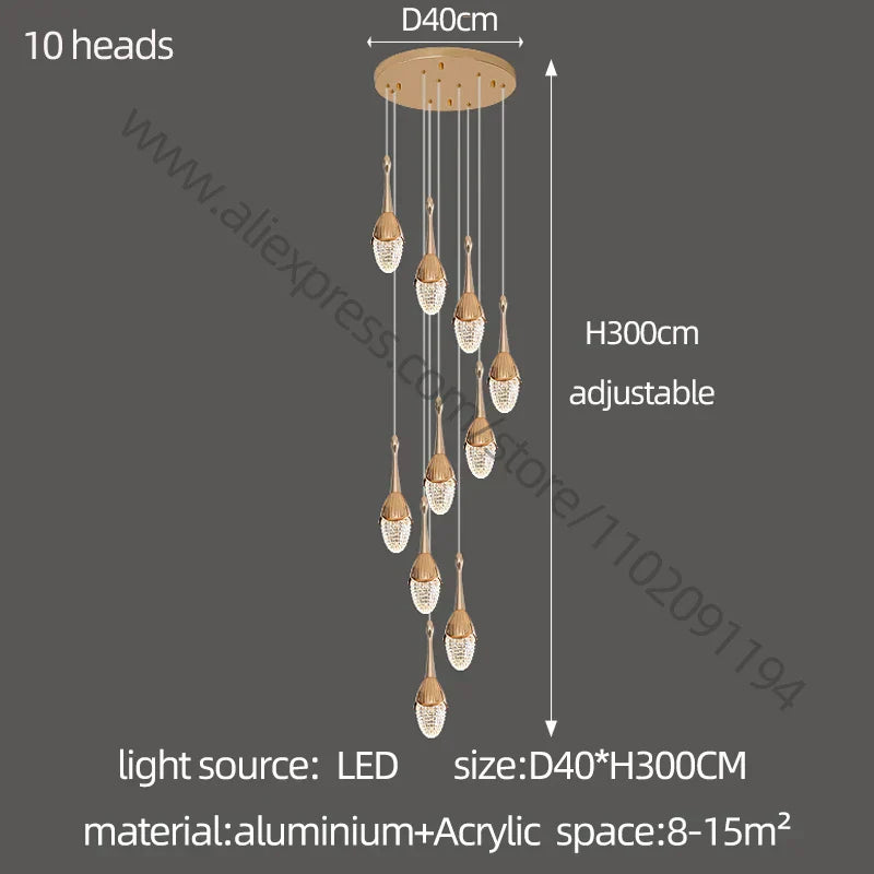 DecorBites™ Gold LED Staircase Chandelier | Luxury Large Living Room Pendant Lamp