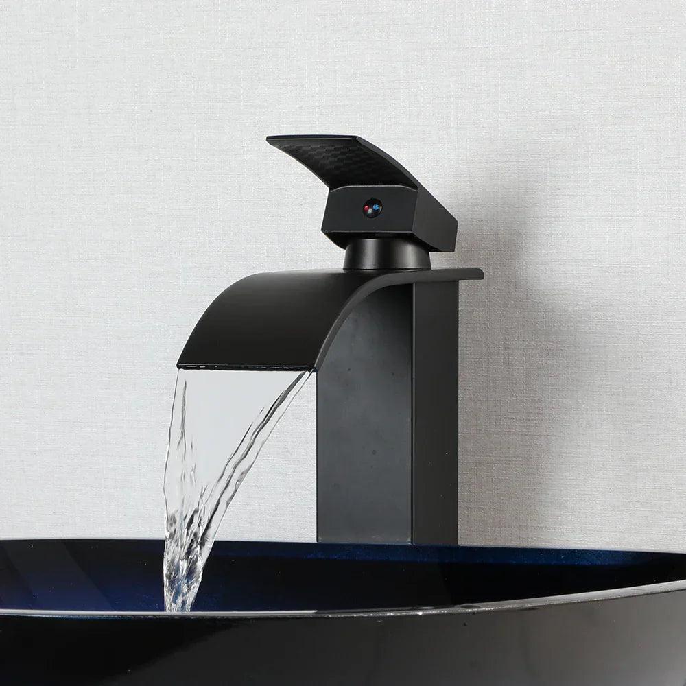 DecorBites™ Gradient Blue Glass Basin Faucet Set with Waterfall Mixer Taps