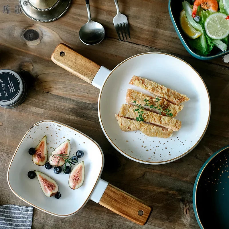 DecorBites™ Ceramic Wood Handle Bowl: Nordic Style Salad & Noodle Tableware