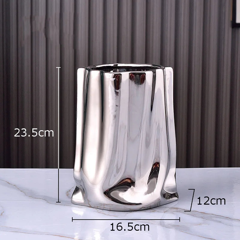 DecorBites™ Gold Plated Pleated Texture Ceramic Vase for Desk Decor and Flower Arrangements