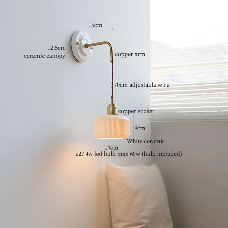 DecorBites™ Ceramic Wall Sconce with Copper Arm | Pull Chain Switch LED Bedroom Lamp