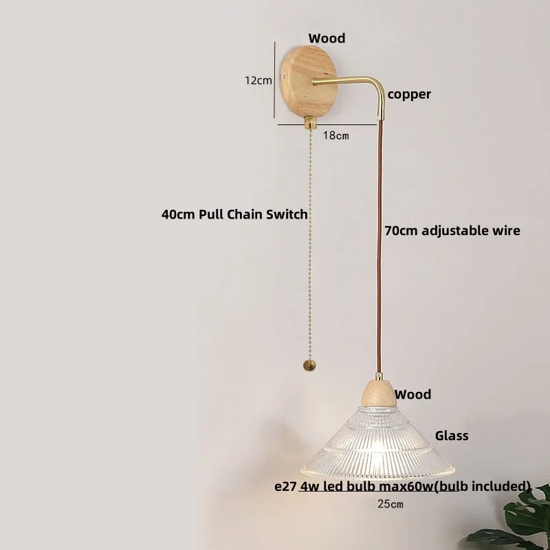 DecorBites™ Clear Glass LED Wall Lights with Wood Pull Chain Switch - Modern Copper Stair Light