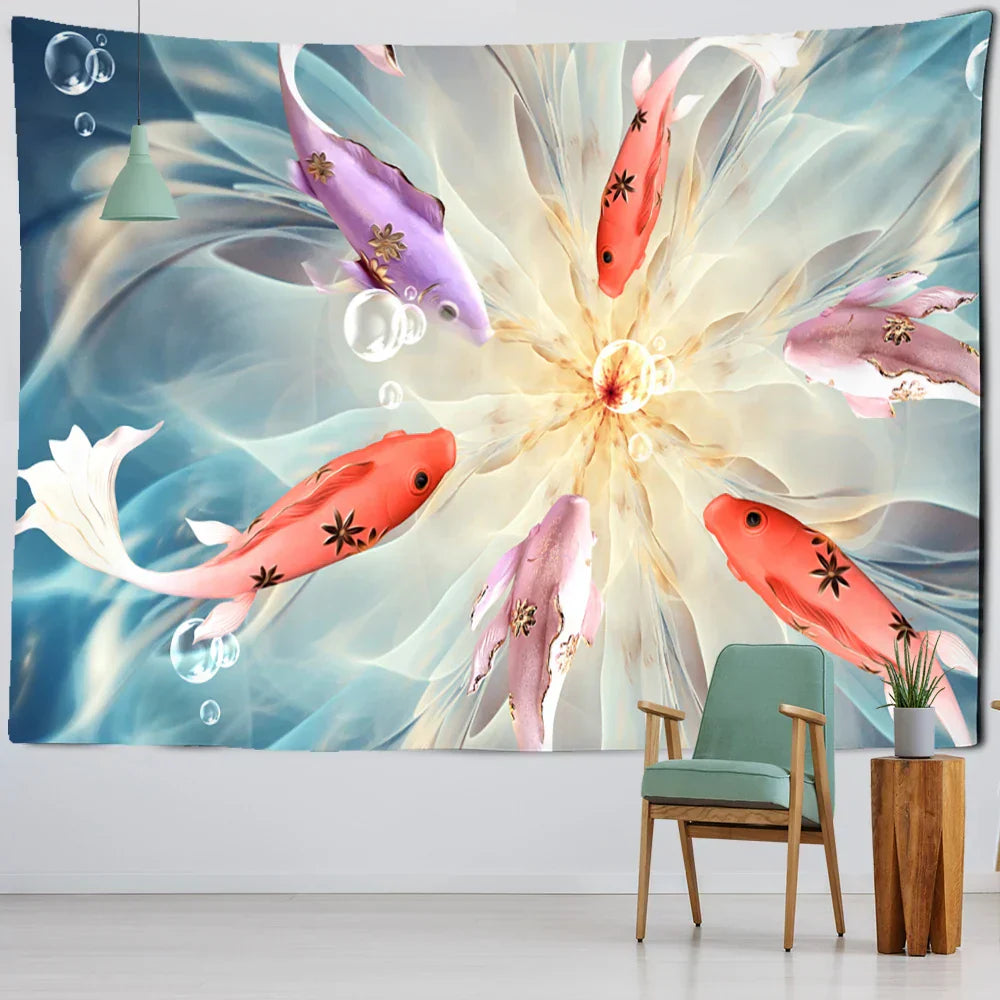 DecorBites™ Ink Lotus Koi Tapestry: Boho Aesthetic Psychedelic Room Art Hippie Decor