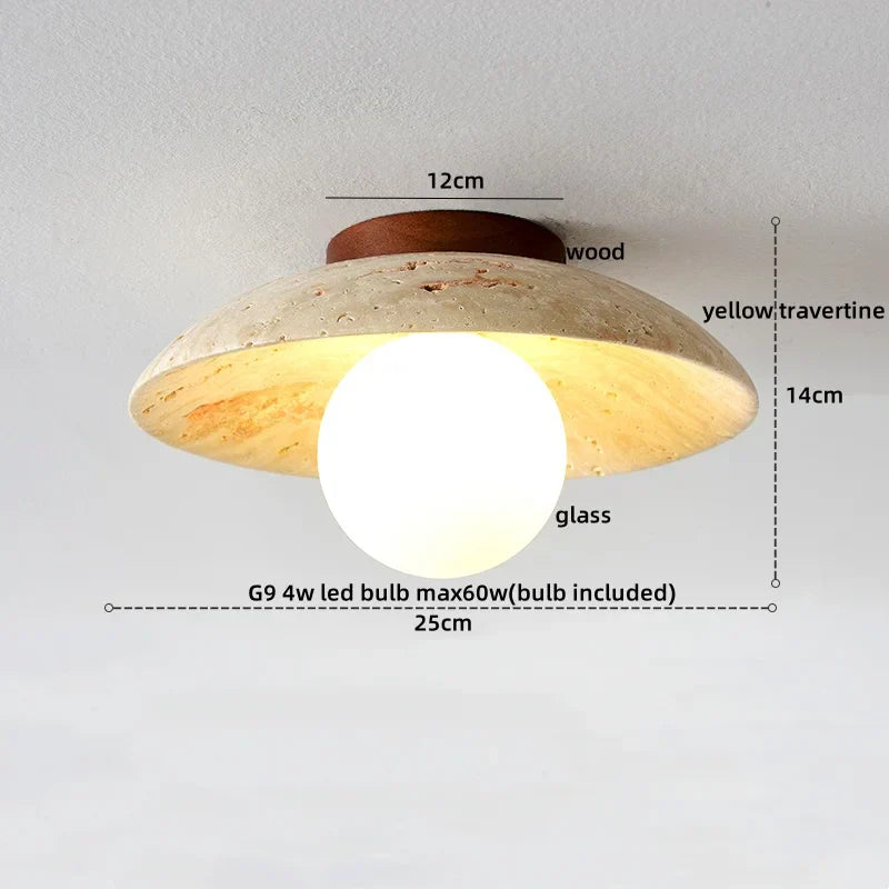 DecorBites™ Japan Style LED Ceiling Light Yellow Travertine Stone Wood Base Bedroom Luminaire