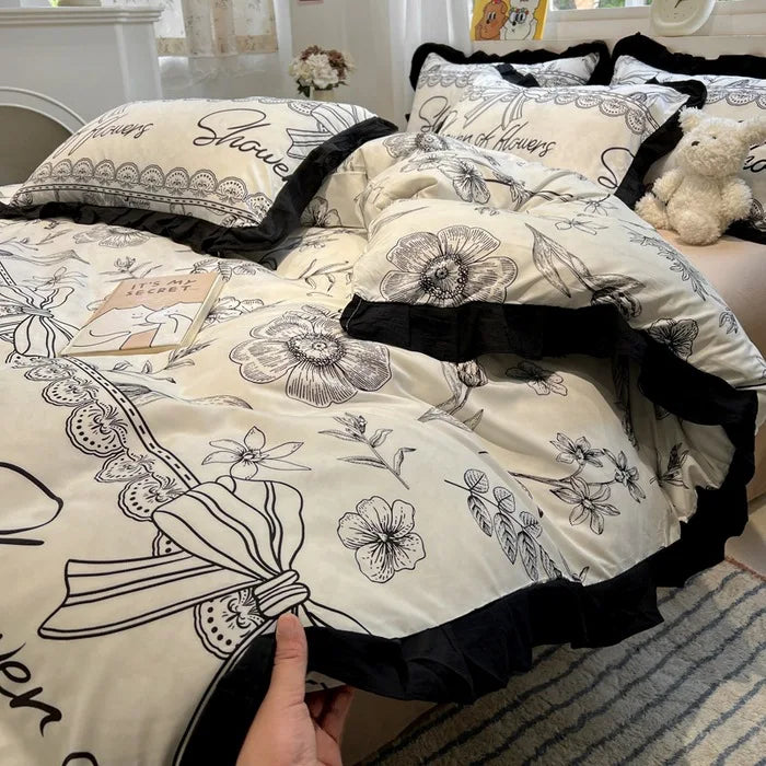 DecorBites™ Korean Black White Hepburn Style Bedding Set with Lace Fitted Sheet Set