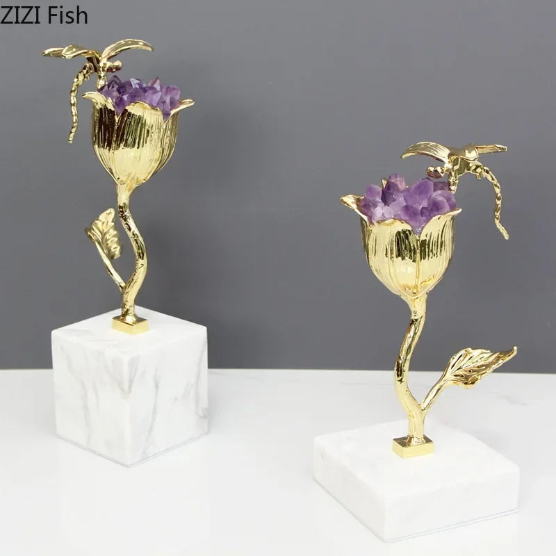 DecorBites™ Amethyst Flower Ornaments Gold-plated Dragonfly Decor Sculpture Room Decor