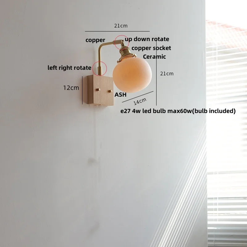 DecorBites™ Globe Ceramic Walnut Wood Wall Light with Pull Chain Switch and Rotatable Design