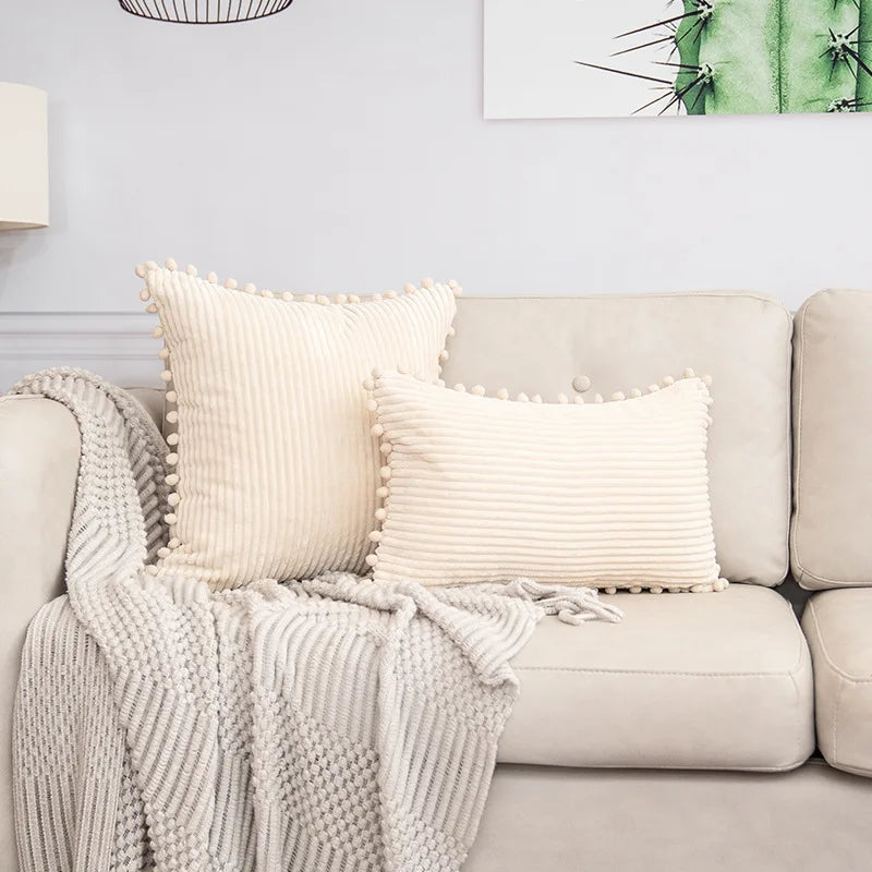 DecorBites™ Beige Striped Cushion Cover with Pom Pom Detail Lumbar Throw Pillow Case