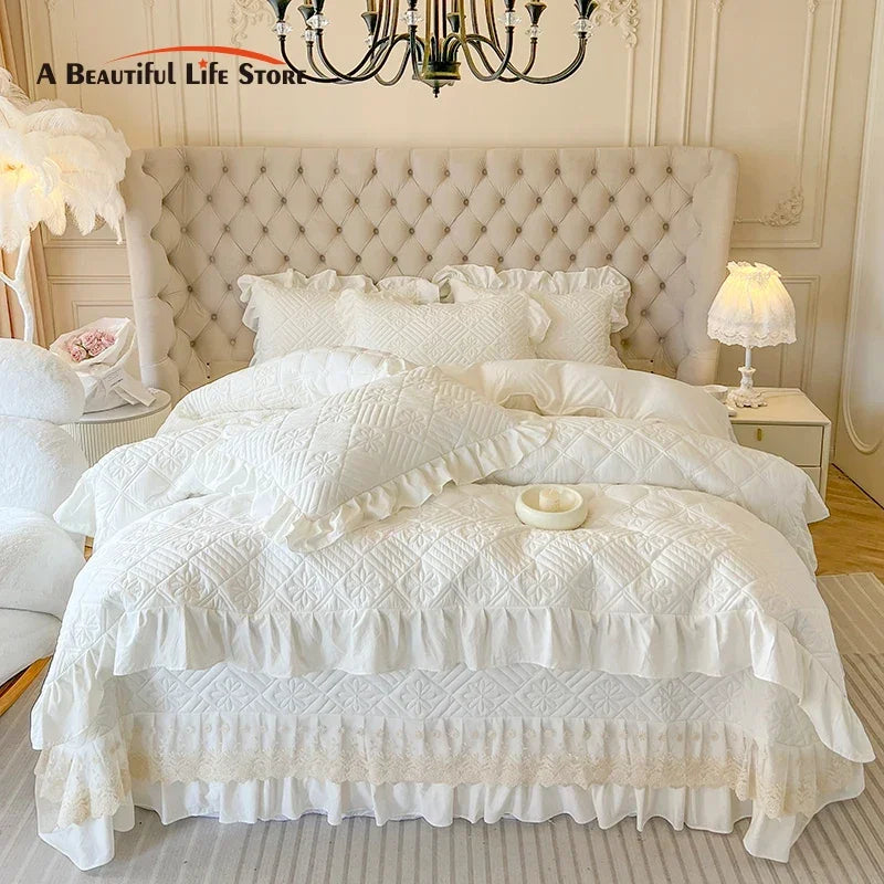 DecorBites™ Korean Princess Style Quilted Bedding Set with Lace Ruffles 200x230cm