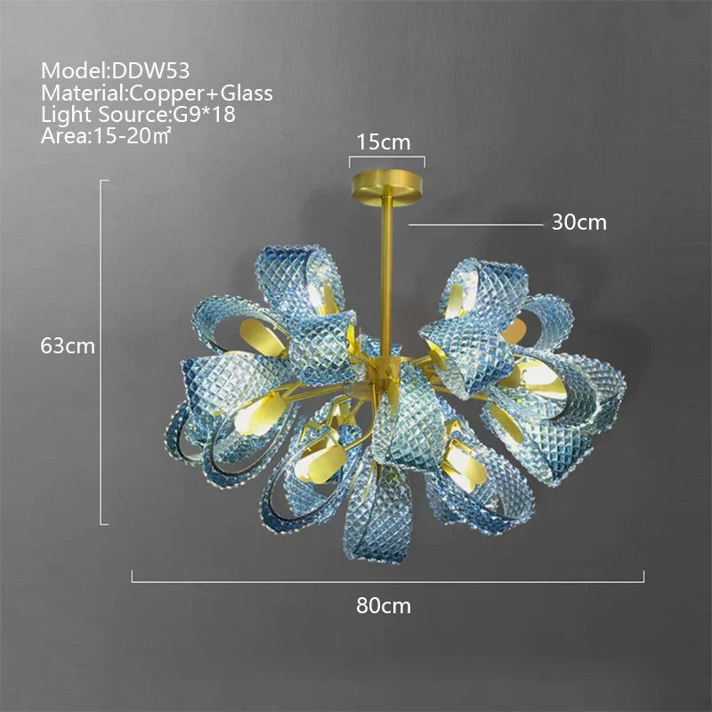 DecorBites™ Blue Glass Luxury Brass Ceiling Pendant Light - Creative Flower Design