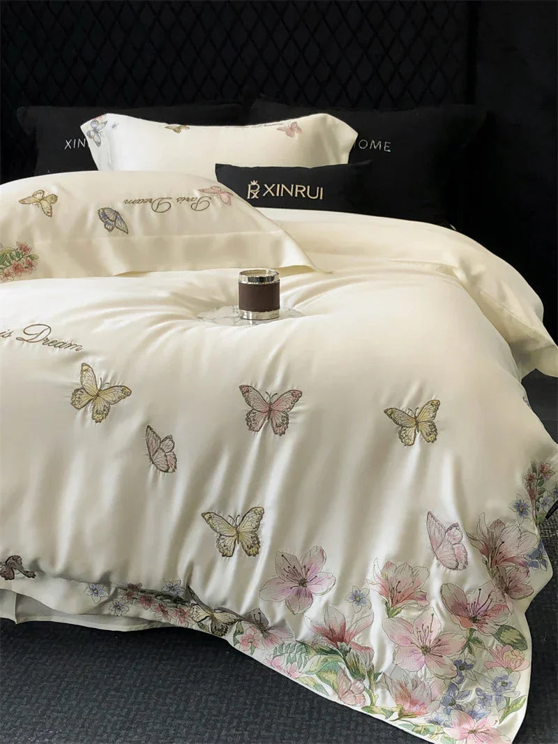 DecorBites™ Butterfly Flowers Embroidery Bedding Set: Silky Soft Eucalyptus Fiber Duvet Cover
