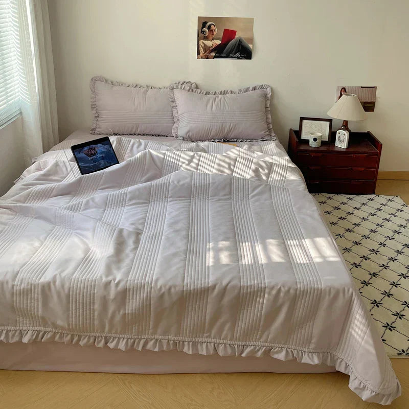 DecorBites™ Korean Princess Lace Ruffles Summer Quilt Bedspread - 3Pc Bedding Set