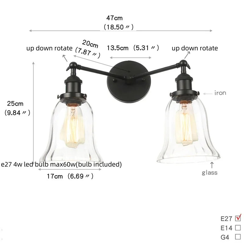 DecorBites™ Black LED Wall Sconce 2-Head Lamp for Bedroom Bathroom Mirror