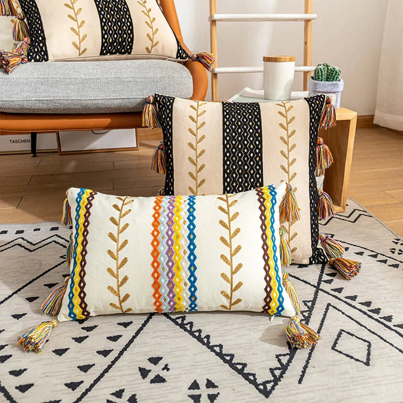 DecorBites™ Bohemian Cotton Embroidery Cushion Cover with Tassel for Home Decoration