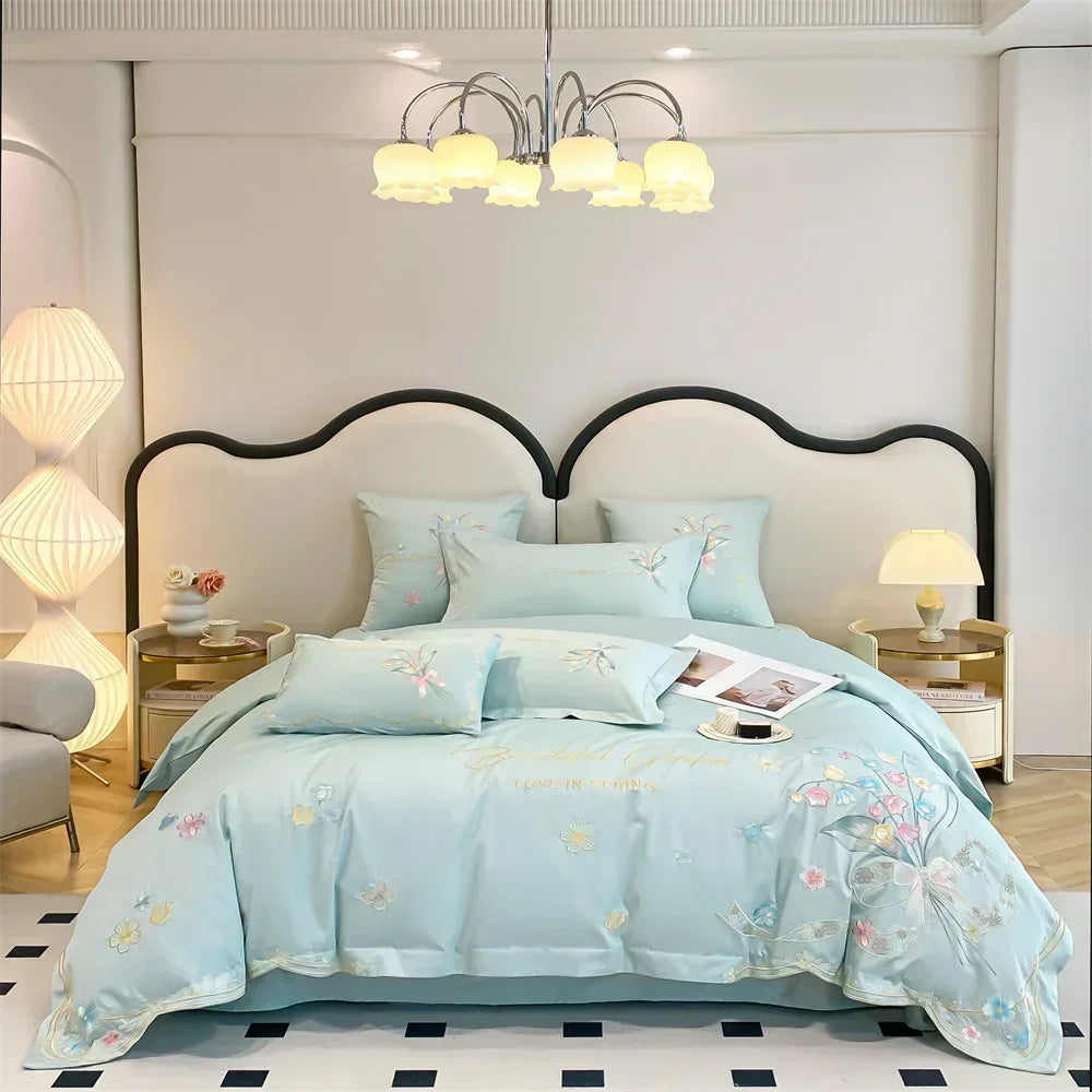 DecorBites™ Butterfly Flowers Embroidery Cotton Bedding Set, 4pcs King Queen Size.