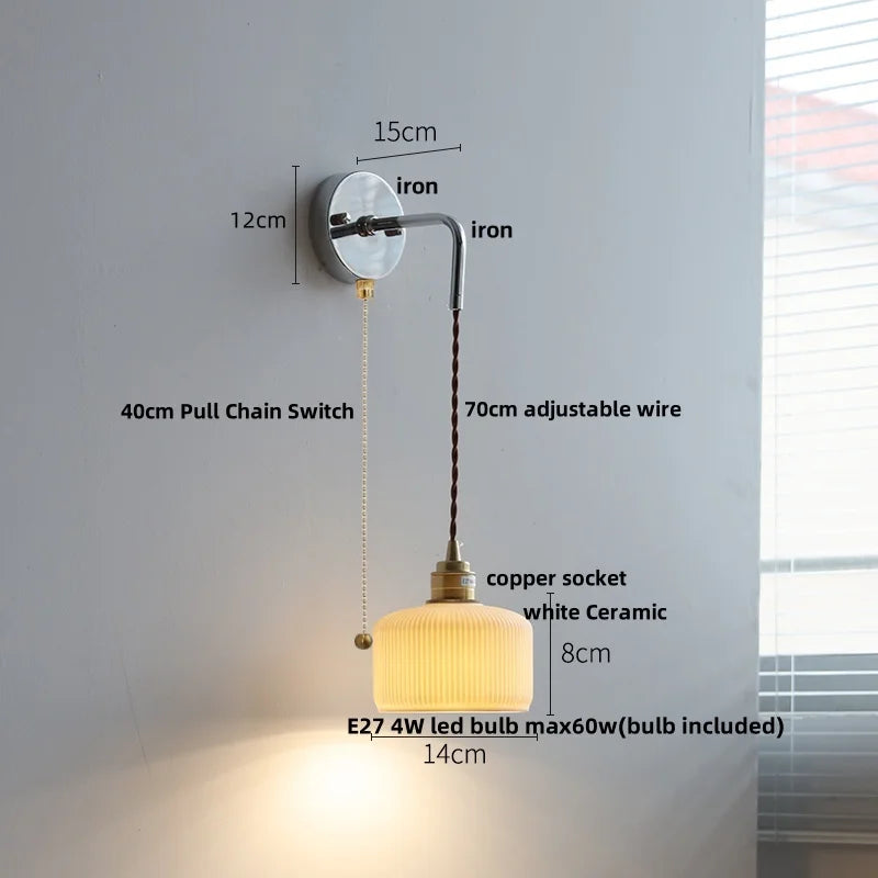 DecorBites™ Ceramic LED Wall Sconce Pull Chain Switch Bedside Lamp White Nordic Modern Fixtures