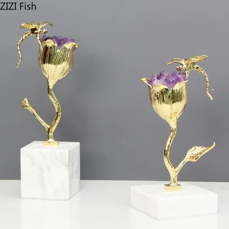 DecorBites™ Amethyst Flower Ornaments Gold-plated Dragonfly Decor Sculpture Room Decor