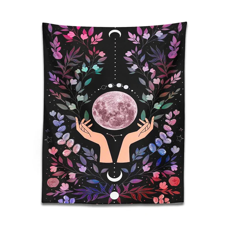 DecorBites™ Botanical Moon Tapestry: Psychedelic Boho Wall Art for Magic Crystal Altar & Chakra