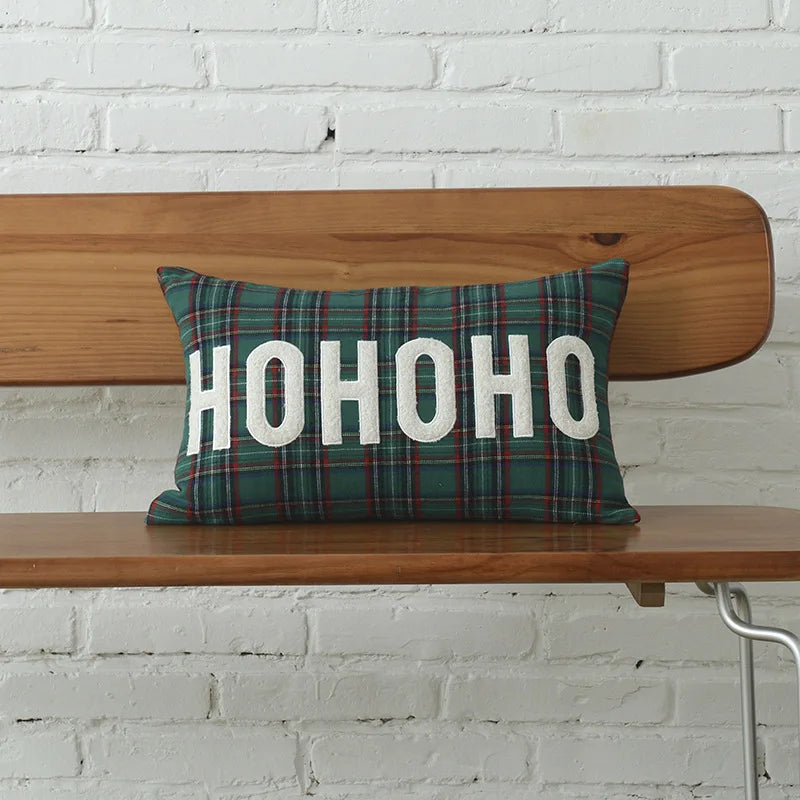 DecorBites™ Christmas Plaid Cotton Cushion Cover with Letter Snowflake Embroidery