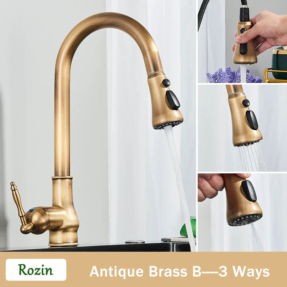 DecorBites™ Antique Brass Kitchen Faucet Pull Out Spout Black Swivel Mixer Tap
