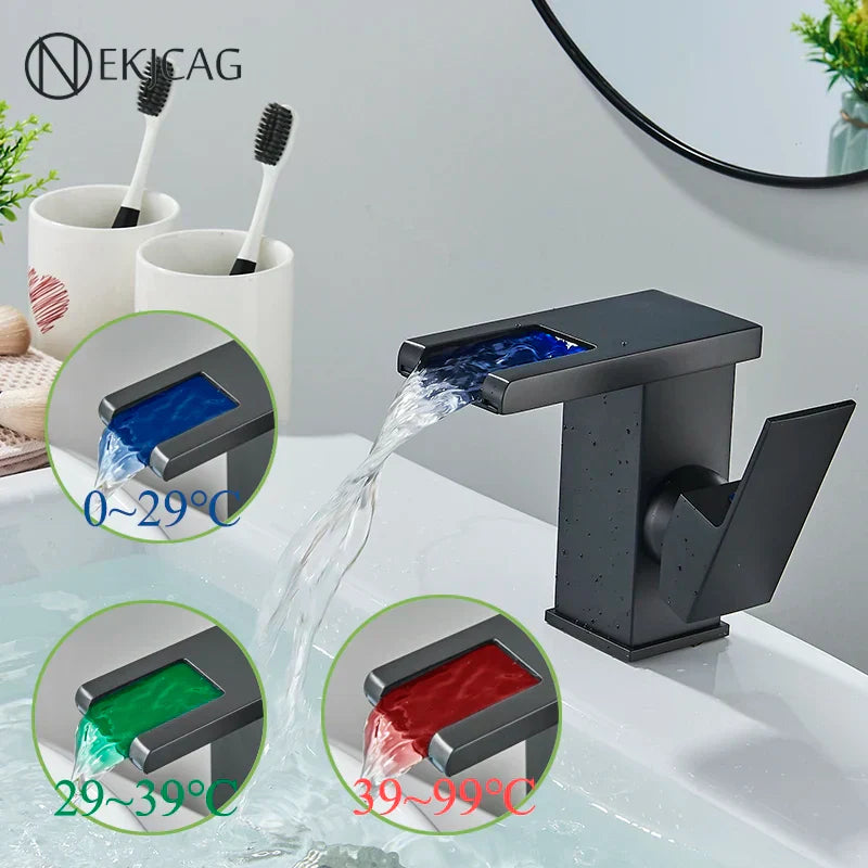 DecorBites™ LED Waterfall Basin Faucet: Black Mixer Tap with Light, Deck Mount Kitchen Sink