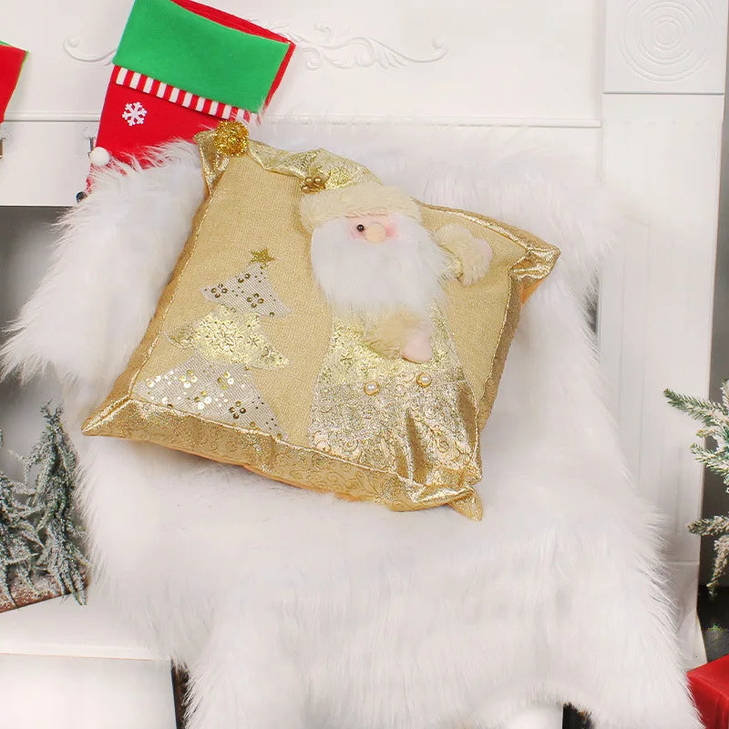 DecorBites™ Christmas Snowman Elk Santa Claus Gold Embroidered Pillowcase