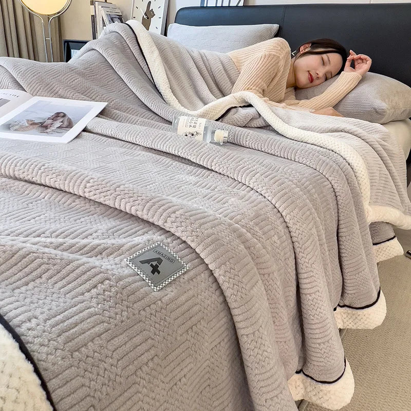 DecorBites™ Cozy Jacquard Plush Blanket - Soft Coral Fleece - All-Season - European Solid Stripes