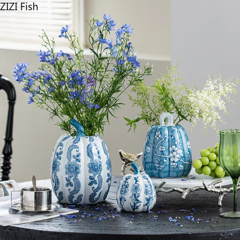 DecorBites™ Blue White Porcelain Pumpkin Vase Desk Decoration Artificial Flowers Bouquet