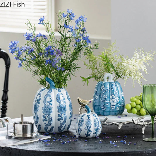 DecorBites™ Blue White Porcelain Pumpkin Vase Desk Decoration Artificial Flowers Bouquet