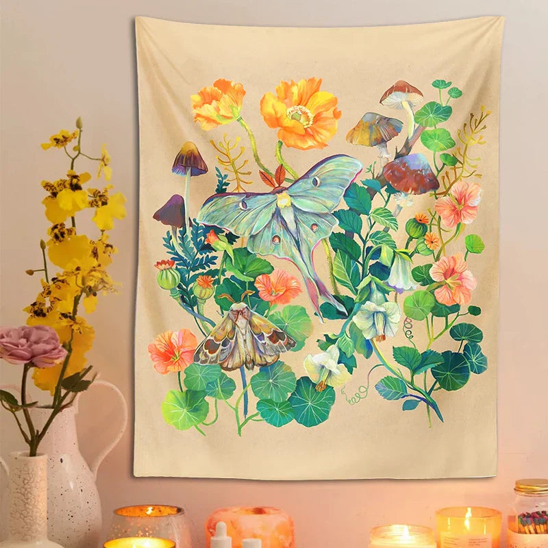 DecorBites™ Luna Moth Tapestry: Psychedelic Botanical Wall Hanging for Home Decor
