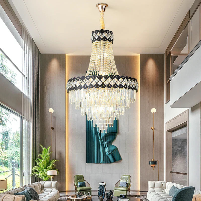 DecorBites™ Crystal Chandelier Spiral Staircase Hall Lamp Duplex Living Room Hardware Texture