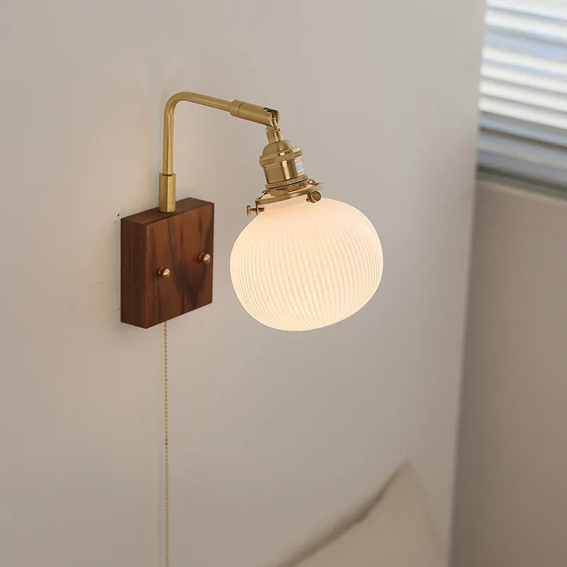 DecorBites™ Globe Ceramic Walnut Wood Wall Light with Pull Chain Switch and Rotatable Design